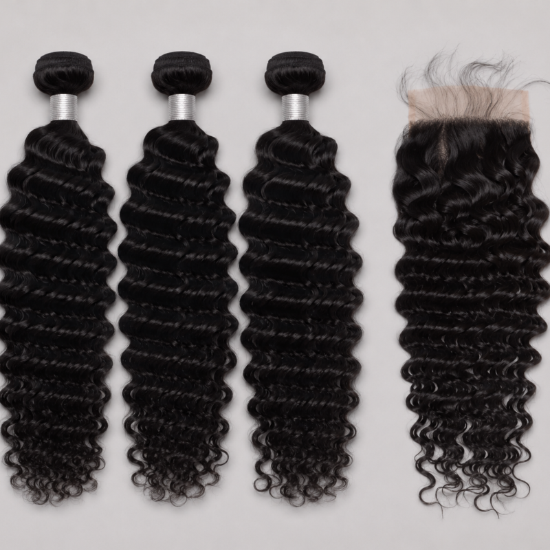 Brazilian Deep Wave 3 Bundles + 5x5 HD Lace Closure